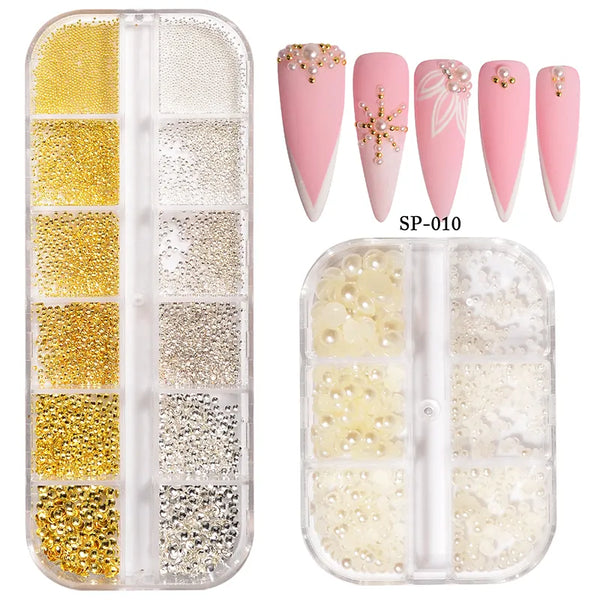 Hot Selling 12 Grid Box Nail Art Beads Nail Art Beads Gold Decorative 3D Nail Art Decorative Ornaments