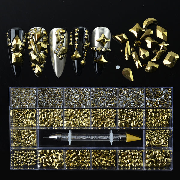 AB Glass Crystal Rhinestones 20 Different Shapes 1400pcs - Gold Stones