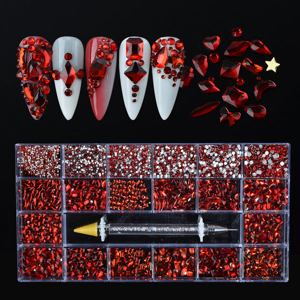 AB Glass Crystal Rhinestones 20 Different Shapes 1400pcs - Red Stones