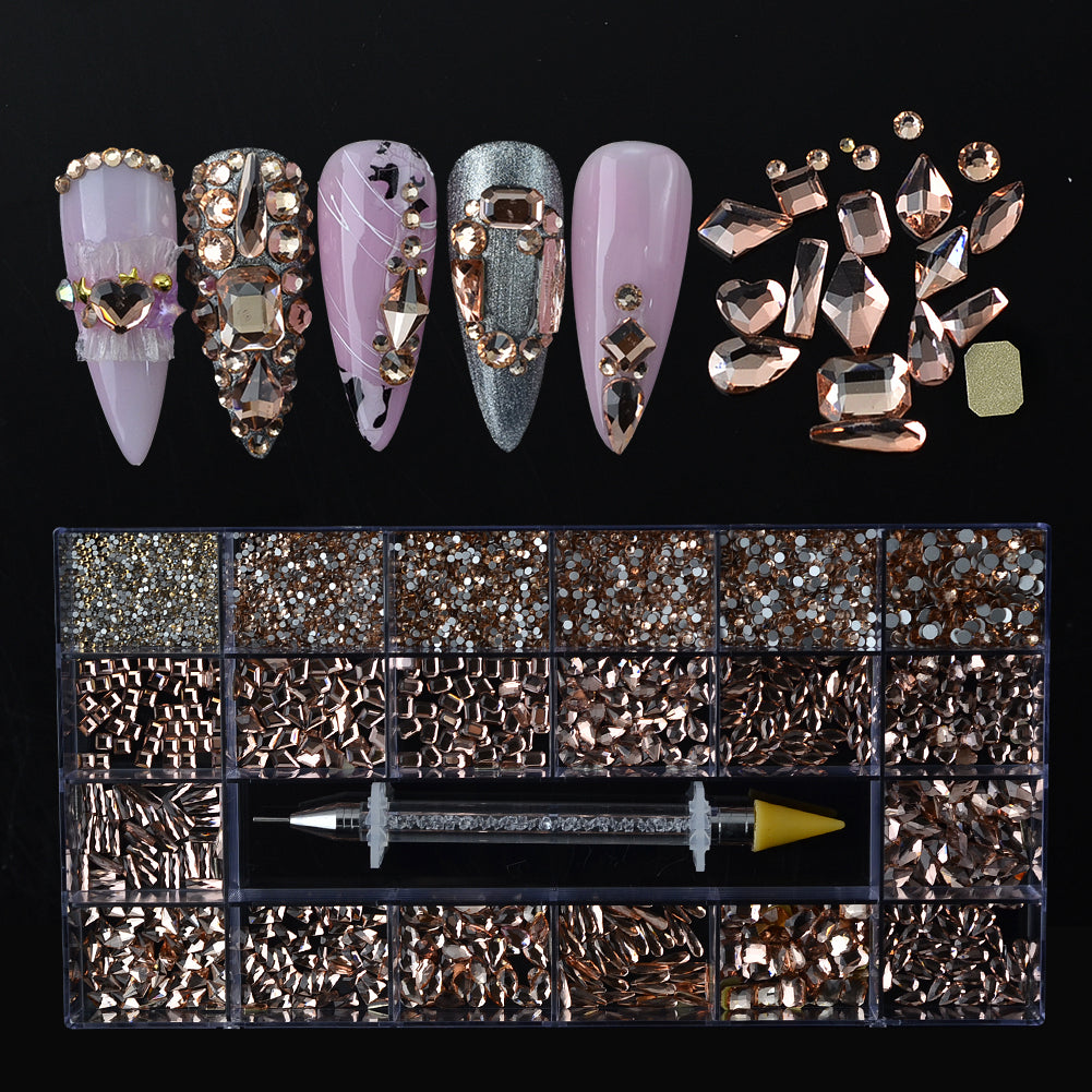 AB Glass Crystal Rhinestones 20 Different Shapes 1400pcs - Rose Gold