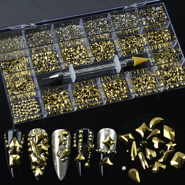 AB Glass Crystal Rhinestones 20 Different Shapes 1400pcs - Gold Stones