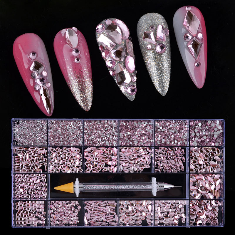 AB Glass Crystal Rhinestones 20 Different Shapes 1400pcs - Pink