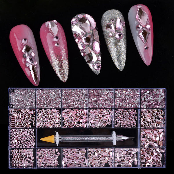 AB Glass Crystal Rhinestones 20 Different Shapes 1400pcs - Pink